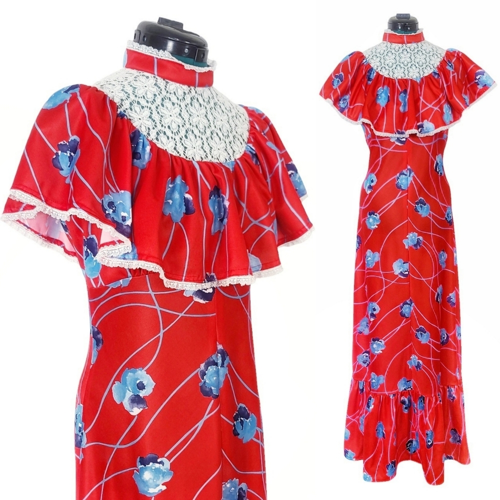 1970s Vintage Dress 70s Maxi Red White Blue Floral Formal Small Flutter Sleeves